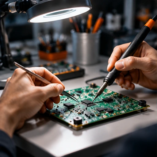 Engineer developing and soldering printed circuit board
